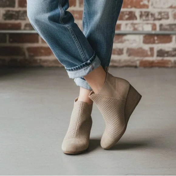TOMS Kelsey Suede Wedge Booties Taupe Perforated Ankle Boots Women’s Size 9 - Picture 11 of 12